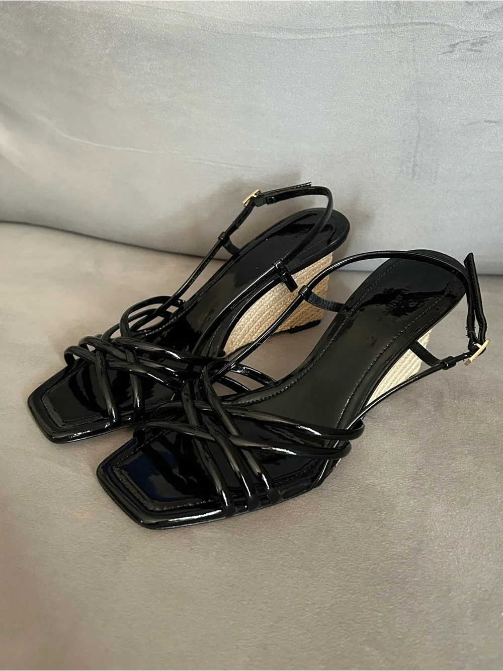 Tory Burch MULTI-STRAP ESPADRILLE WEDGE Black Patent Leather Sandals 7.5